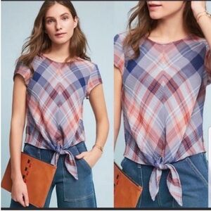 Anthropologie Cloth & Stone Boho Cotton Plaid Tie Front Short Sleeve Shirt.